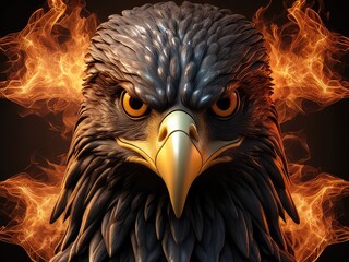 Fototapeta premium abstract 3d background with a eagls face on black background, A scary black eagle face logo in the fire on a white background. A magical creature made of fire