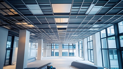 Suspended ceiling grid and ceiling tiles being installed in modern office building