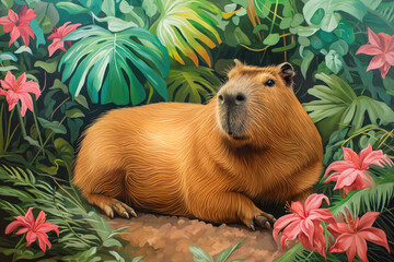 oil painting, Capybara resting peacefully amidst a vibrant jungle setting, surrounded by lush vegetation and exotic flowers