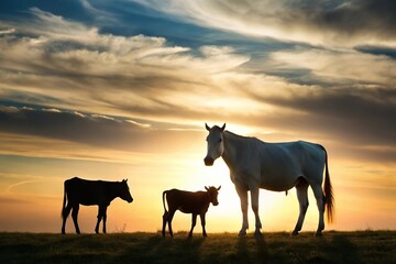 Silhouette of dairy cow with calf in field and white horse grazing
