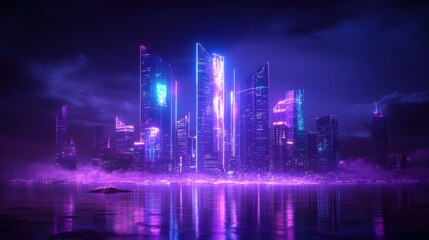 Fototapeta premium Futuristic city skyline featuring vibrant holographic displays and innovative architecture at twilight.