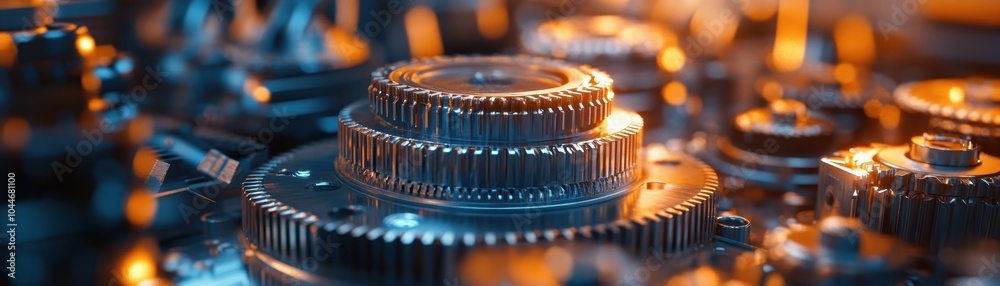 Wall mural close-up of metallic gears and cogs with warm lighting in a modern industrial setting