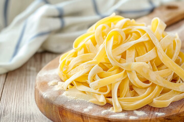 Tagliatelle pasta nests on wooden cutting board with eggs and cheese