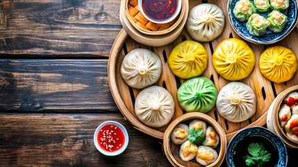 Colorful Dumplings on Wooden Table Setting