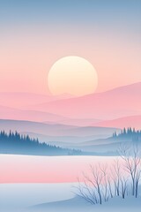 Obraz premium Illustration of a cold winter sunrise, represented by a minimalist gradient of soft pastel pinks and blues over a smooth, snow-covered horizon