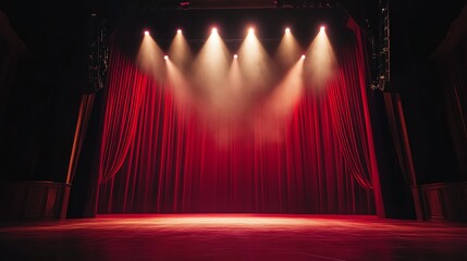 Theater stage with red curtains and lighting.