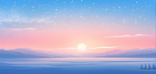 Illustration of a cold winter sunrise, represented by a minimalist gradient of soft pastel pinks and blues over a smooth, snow-covered horizon
