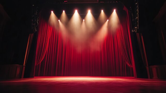 Theater stage with red curtains and lighting.
