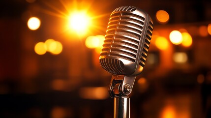 Vintage microphone, warm stage lighting