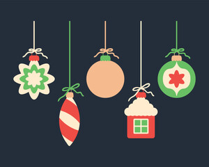 Simple flat Christmas ornaments print. Perfect for tee, banner, flyer, label, postcard, sale, stickers. Retro style vector illustration.