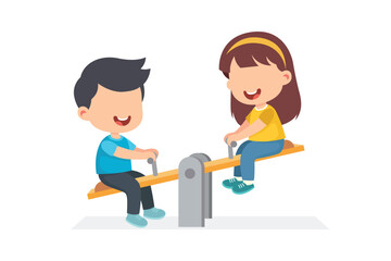 Little kid boy and girl play seesaw together and feeling happy. Smiling excited children cartoon character with toy. vector illustration