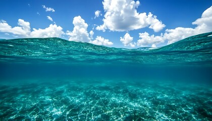Half underwater view of a tropical sea with blue sky and white clouds.