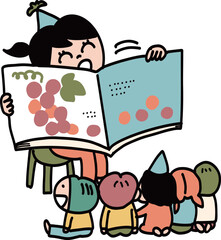 大きな絵本で読み聞かせをする先生