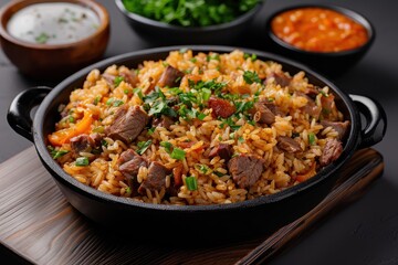 A dish of arroz carreteiro, a flavorful rice dish cooked with dried beef, tomatoes, onions, and herbs, garnished with green onions