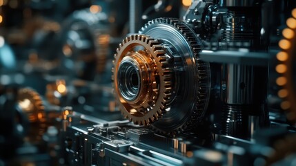 Intricate Close-Up of Metallic Gears and Cogs in a Modern Industrial Machine with Warm Lighting