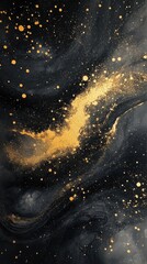 Abstract Swirling Black Galaxy with Shimmering Gold Stars and Nebulae