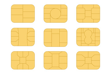 EMV chip icon set. Microchip for bank plastic credit or debit charge or sim card. Digital Nfc technology. Contactless payment at terminals and ATMs