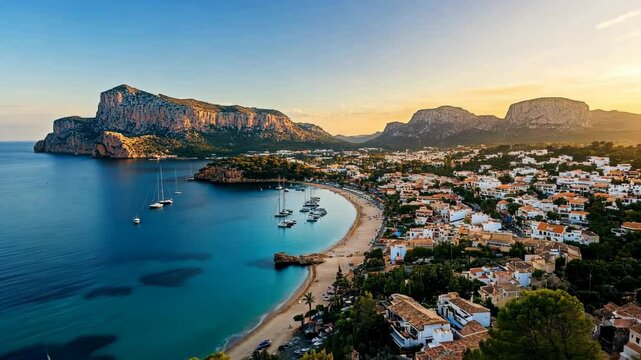 A picturesque view of a coastal town nestled in a bay, with boats anchored in the clear blue water