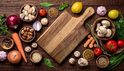 Vibrant image of vegetables, spices, and a wooden cutting board, ideal for food blogs or cookbooks
