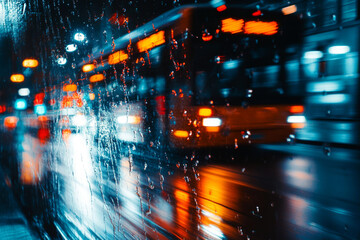 City bus driving on rainy night street. Blurred bus with reflections of lights on wet road. Public transportation
