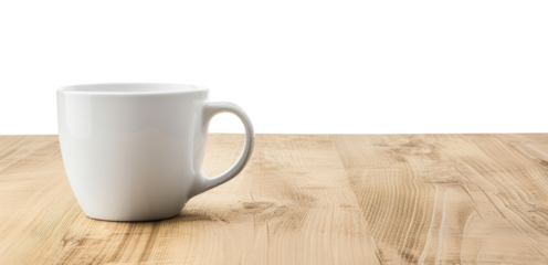 White cup on the wood table isolated on transparent background