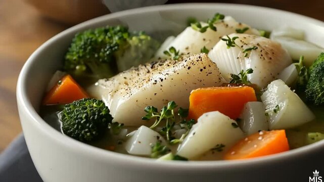 A bowl of steaming fish stew with broccoli, carrots, and potatoes