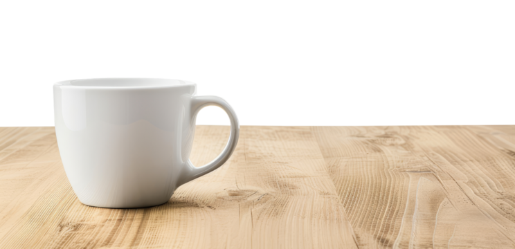 White cup on the wood table isolated on transparent background