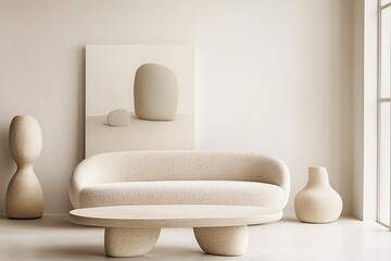 Minimalist Living Room Interior Design with Beige Tones and Contemporary Furniture