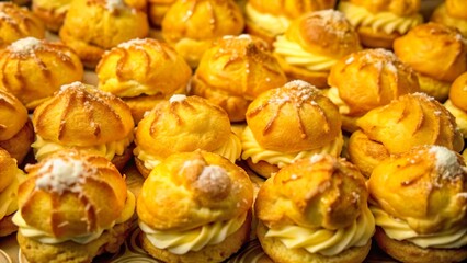 Delicious profiteroles filled with creamy custard on a decorative plate at a dessert showcase event
