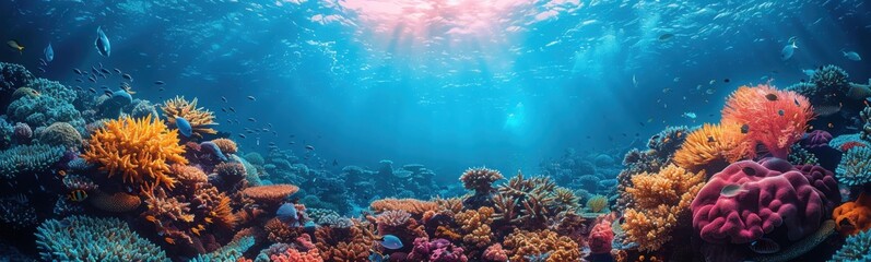 Naklejka premium Brightly colored coral reef with sun shining through the water, travel concept, banner, copy space