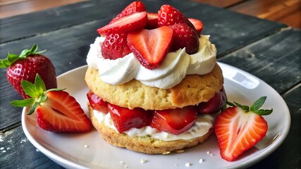 Delicious homemade strawberry shortcake served on a white plate with fresh strawberries on a rustic wooden table