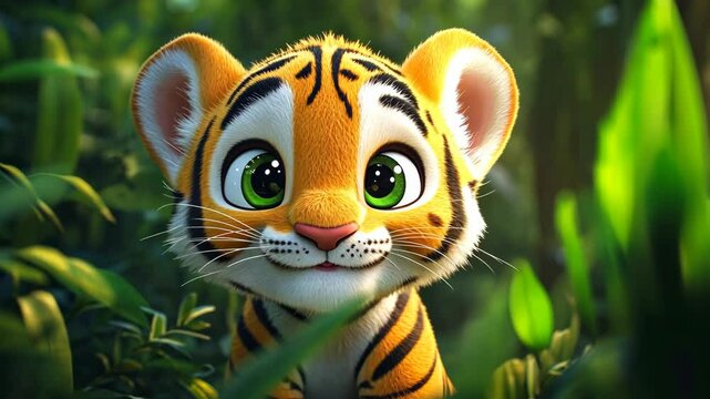 A cute, cartoon tiger cub peeks out from behind a green leaf in a lush jungle