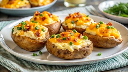 Delicious twice baked potatoes topped with cheese, bacon, and green onions served on a plate at a cozy kitchen table