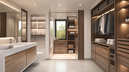 Modern bathroom with a walk-in closet integration