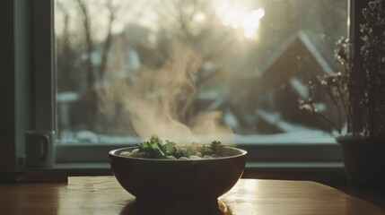 Cozy Bowl of Pho with Fresh Garnishes at Sunset