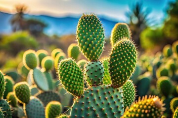 tall thorny opuntia ficus indica cactus plant with blurred background