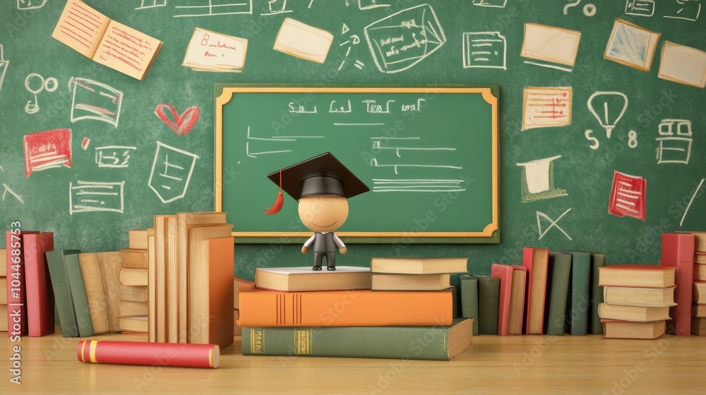 Aufkleber A miniature graduate figurine in a cap and gown is positioned on a stack of books in a classroom filled with learning materials. Generative AI