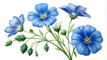 Fototapeta premium Set Flax flower isolated on white background, blue flower, white background. Watercolor floral vector pattern with blue flowers for various uses. Flax plant. Isolated flax on white background