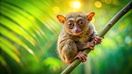 Tarsier hanging on branch with green and yellow background