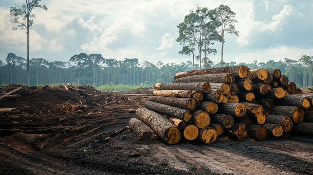 Deforestation illegal logging, stacked wood logs ready for transported surrounded by deforested forest