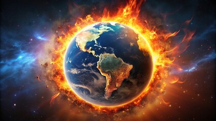 Fototapeta premium Silhouette of Earth with fire and explosions, dead planet due to climate change damage
