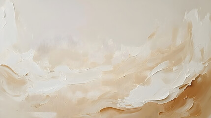 Neutral beige and white abstract oil painting with visible brushstrokes and palette knife textures, creating a blurred landscape effect
