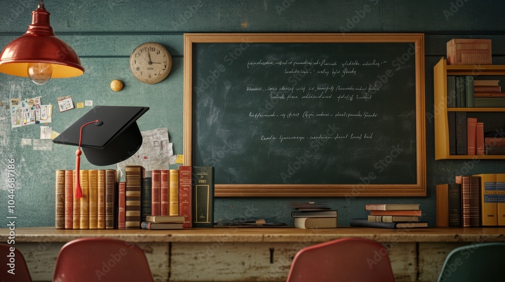 Aufkleber a classroom filled with books on shelves, a chalkboard displaying notes, and a graduation cap hangin