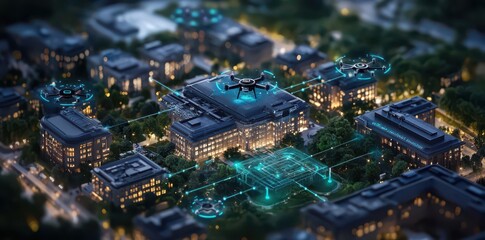Obraz premium Futuristic network visualization depicting 5G beams connecting devices in a digital landscape.