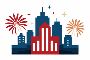 Fototapeta premium 4th of July Fireworks Over the City Vector Illustration