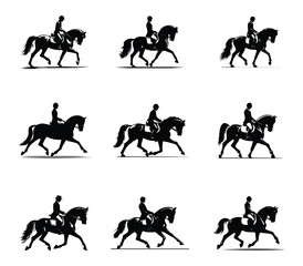 Silhouette of a man rider on horse logo set collection template. Horse with rider logo. Riding Horse
