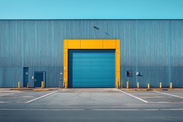 Obraz premium Blue warehouse with yellow trim and a large door. Perfect for projects about logistics, storage, or industrial design.