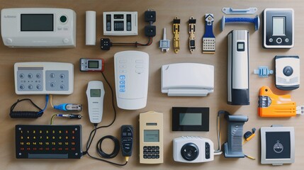 Assortment of Electronic Devices and Gadgets on a Wooden Table