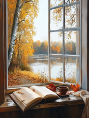Autumn Window Scene with Open Book, Coffee, and Fall Leaves