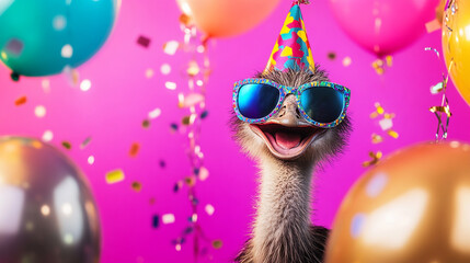Party animal! Colorful photo of funny, happy emu on pink / fuchsia background. Ballons, confetti, happy mood. Birthday celebration horizontal banner